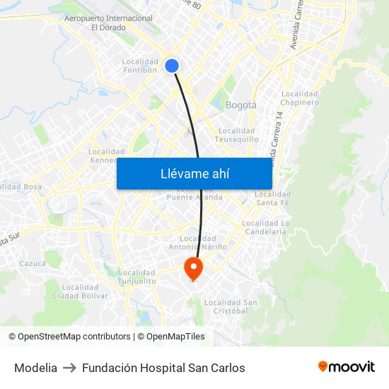 Modelia to Fundación Hospital San Carlos map