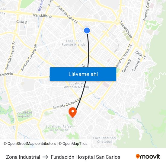 Zona Industrial to Fundación Hospital San Carlos map