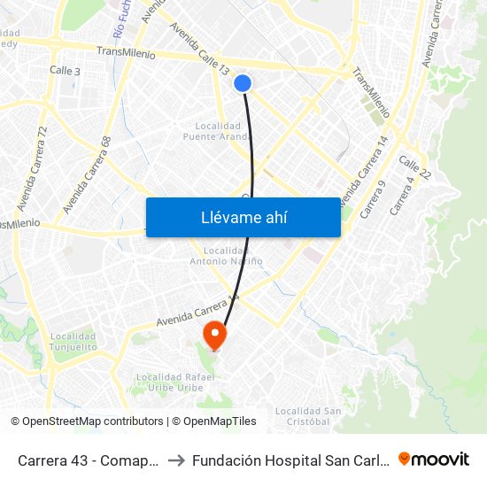 Carrera 43 - Comapan to Fundación Hospital San Carlos map
