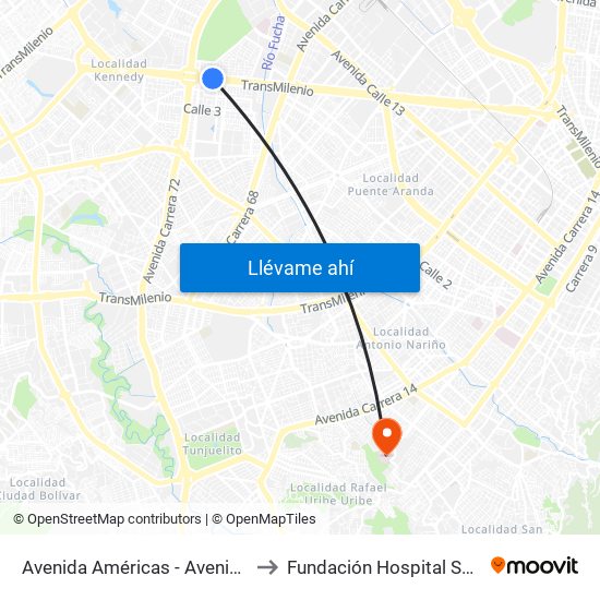 Avenida Américas - Avenida Boyacá to Fundación Hospital San Carlos map