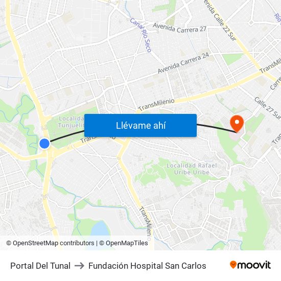 Portal Del Tunal to Fundación Hospital San Carlos map