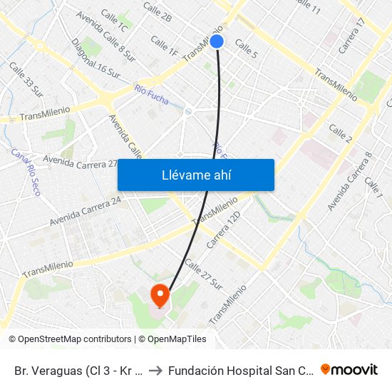 Br. Veraguas (Cl 3 - Kr 29a) to Fundación Hospital San Carlos map