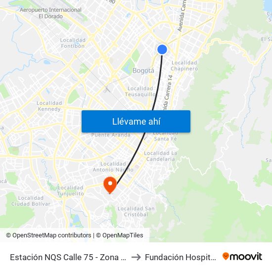 Estación NQS Calle 75 - Zona M (Av. NQS - Cl 75) to Fundación Hospital San Carlos map