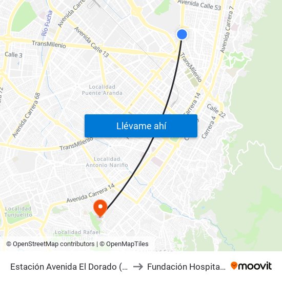 Estación Avenida El Dorado (Av. NQS - Cl 40a) to Fundación Hospital San Carlos map