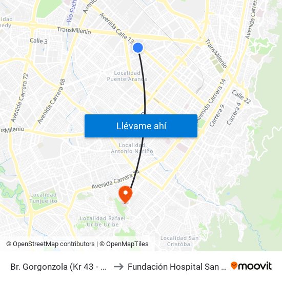 Br. Gorgonzola (Kr 43 - Cl 12b) to Fundación Hospital San Carlos map