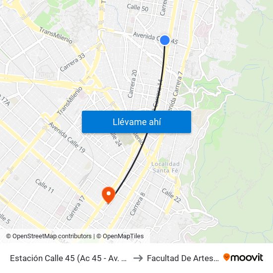 Estación Calle 45 (Ac 45 - Av. Caracas) to Facultad De Artes Asab map