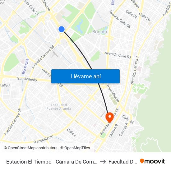 Estación El Tiempo - Cámara De Comercio De Bogotá (Ac 26 - Kr 68b Bis) to Facultad De Artes Asab map
