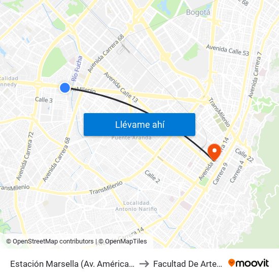 Estación Marsella (Av. Américas - Kr 69b) to Facultad De Artes Asab map