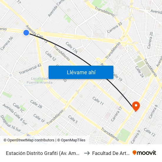 Estación Distrito Grafiti (Av. Américas - Kr 53a) to Facultad De Artes Asab map