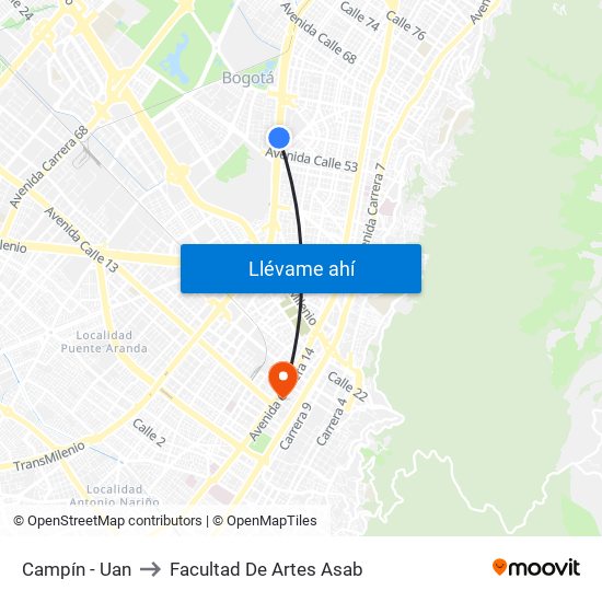 Campín - Uan to Facultad De Artes Asab map