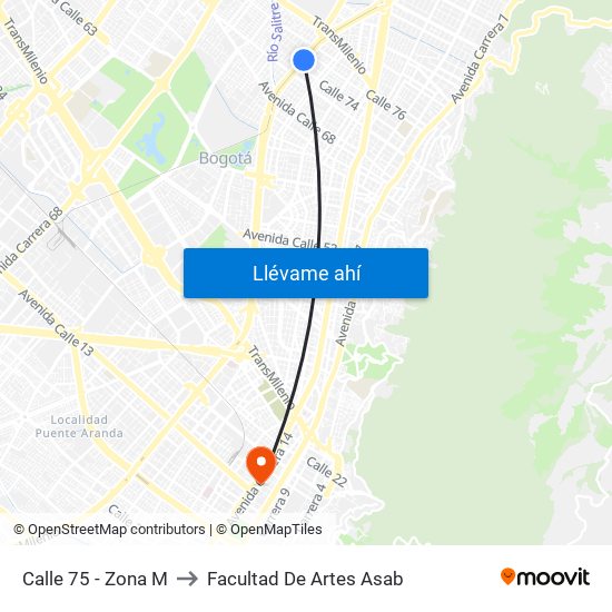 Calle 75 - Zona M to Facultad De Artes Asab map