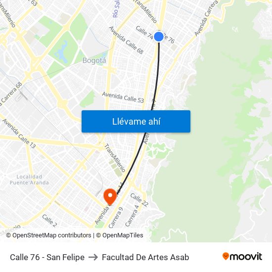 Calle 76 - San Felipe to Facultad De Artes Asab map