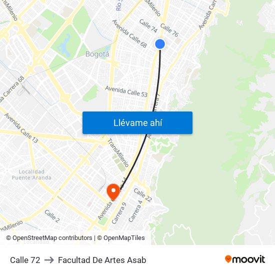 Calle 72 to Facultad De Artes Asab map