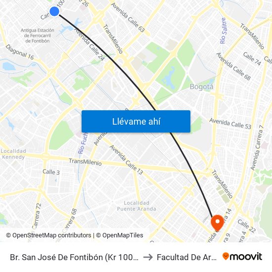 Br. San José De Fontibón (Kr 100 - Av. Esperanza) to Facultad De Artes Asab map