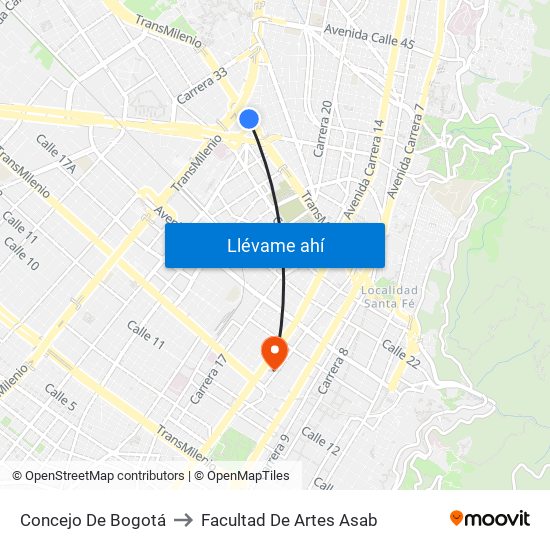 Concejo De Bogotá to Facultad De Artes Asab map