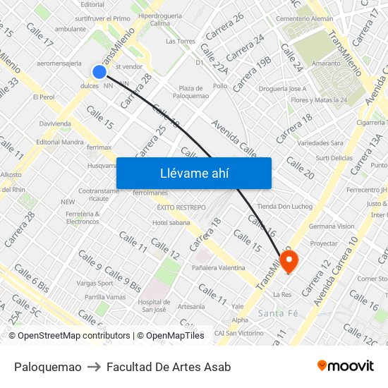 Paloquemao to Facultad De Artes Asab map