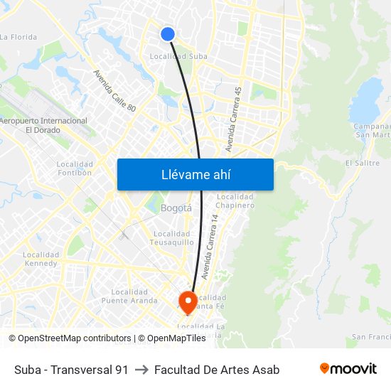 Suba - Transversal 91 to Facultad De Artes Asab map