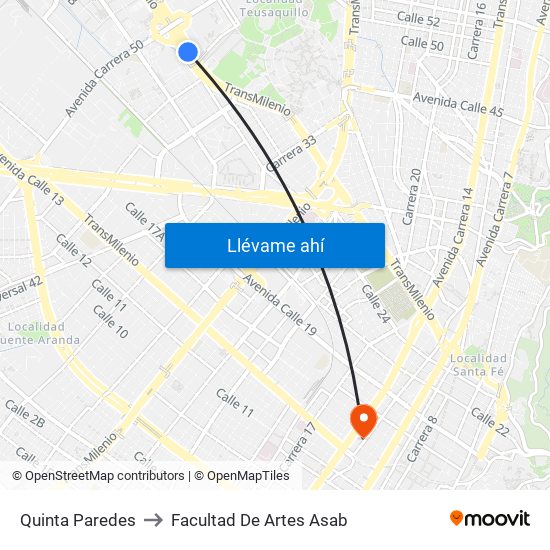 Quinta Paredes to Facultad De Artes Asab map