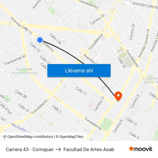 Carrera 43 - Comapan to Facultad De Artes Asab map