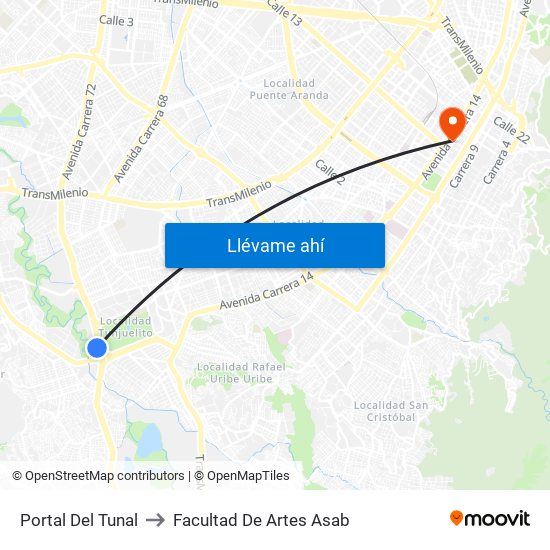 Portal Del Tunal to Facultad De Artes Asab map