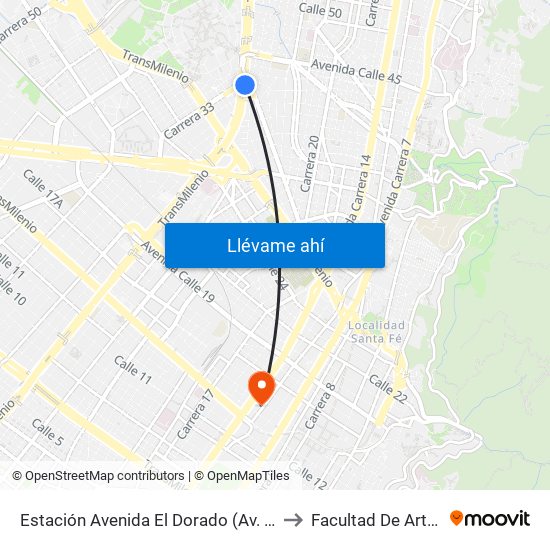 Estación Avenida El Dorado (Av. NQS - Cl 40a) to Facultad De Artes Asab map