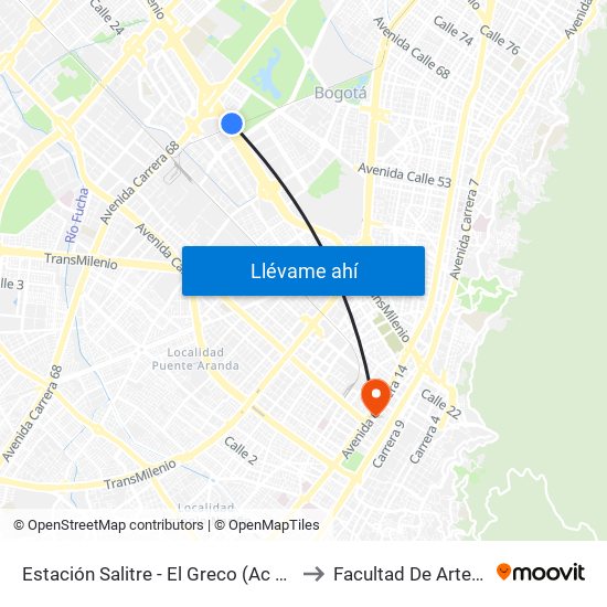 Estación Salitre - El Greco (Ac 26 - Ak 68) to Facultad De Artes Asab map
