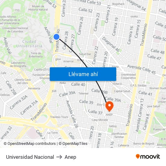 Universidad Nacional to Anep map