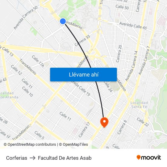 Corferias to Facultad De Artes Asab map