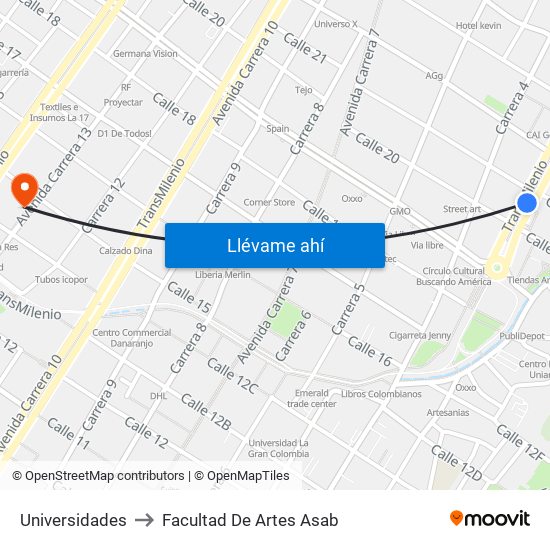 Universidades to Facultad De Artes Asab map