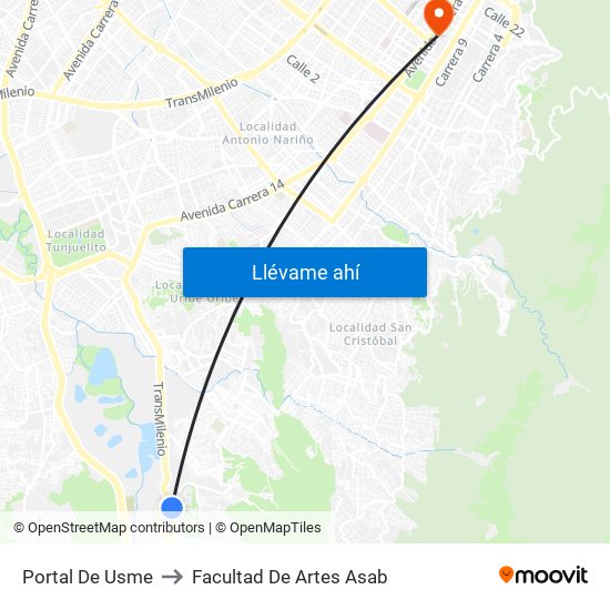 Portal De Usme to Facultad De Artes Asab map