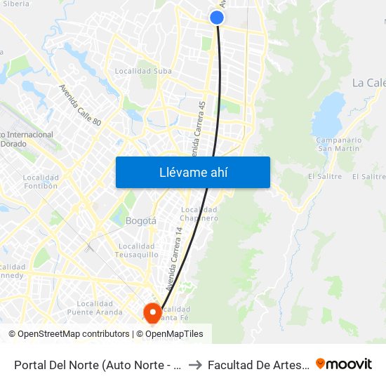 Portal Del Norte (Auto Norte - Cl 174a) to Facultad De Artes Asab map