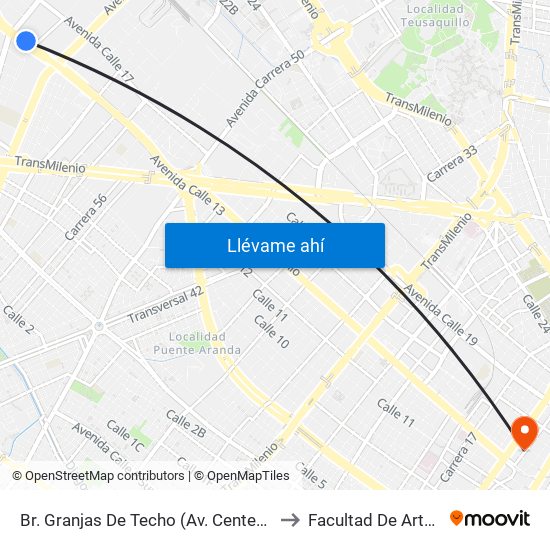 Br. Granjas De Techo (Av. Centenario - Kr 65) to Facultad De Artes Asab map