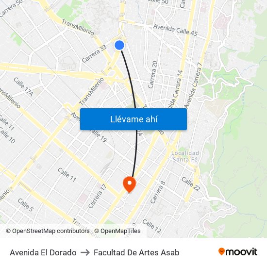 Avenida El Dorado to Facultad De Artes Asab map