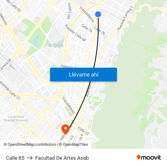 Calle 85 to Facultad De Artes Asab map