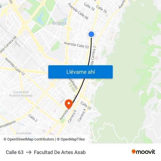 Calle 63 to Facultad De Artes Asab map