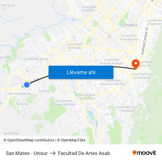 San Mateo - Unisur to Facultad De Artes Asab map