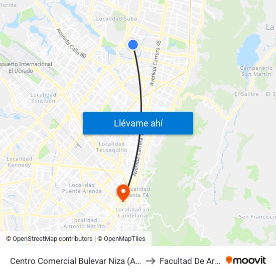Centro Comercial Bulevar Niza (Ac 127 - Av. Suba) to Facultad De Artes Asab map