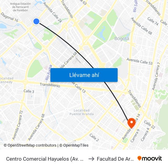 Centro Comercial Hayuelos (Av. C. De Cali - Cl 20) to Facultad De Artes Asab map