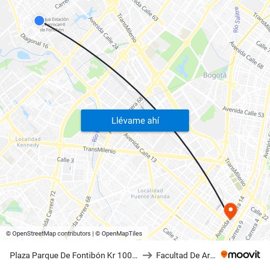 Plaza Parque De Fontibón Kr 100 (Kr 100 - Cl 17a) to Facultad De Artes Asab map
