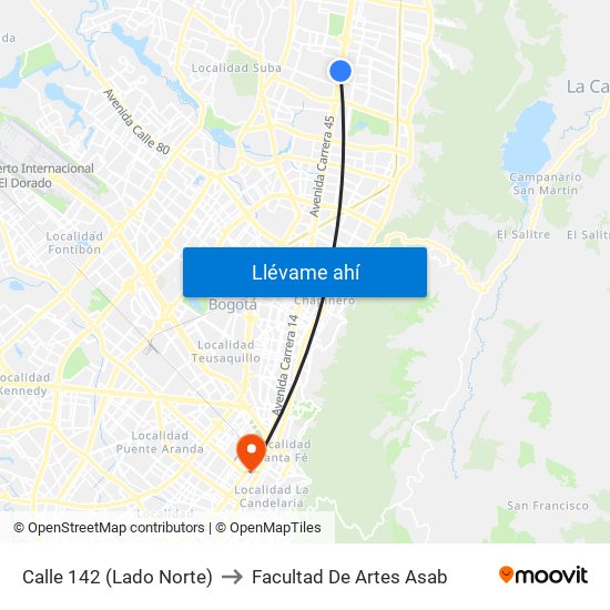 Calle 142 (Lado Norte) to Facultad De Artes Asab map