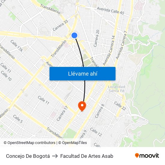 Concejo De Bogotá to Facultad De Artes Asab map