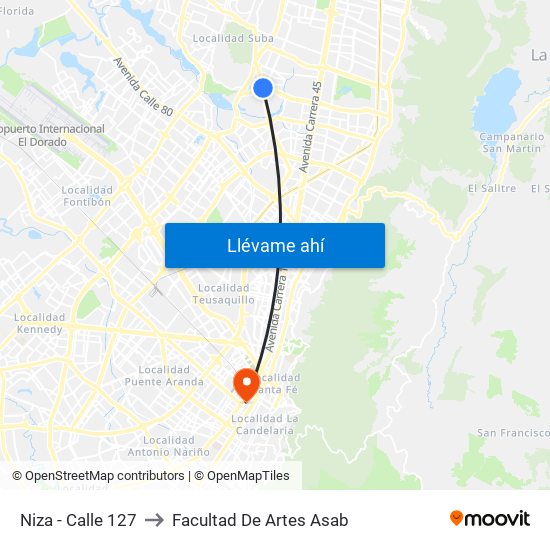 Niza - Calle 127 to Facultad De Artes Asab map