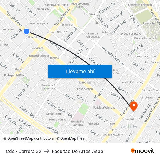 Cds - Carrera 32 to Facultad De Artes Asab map