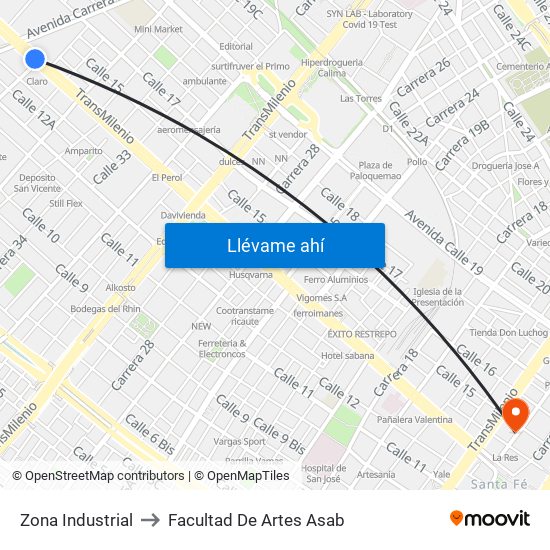 Zona Industrial to Facultad De Artes Asab map