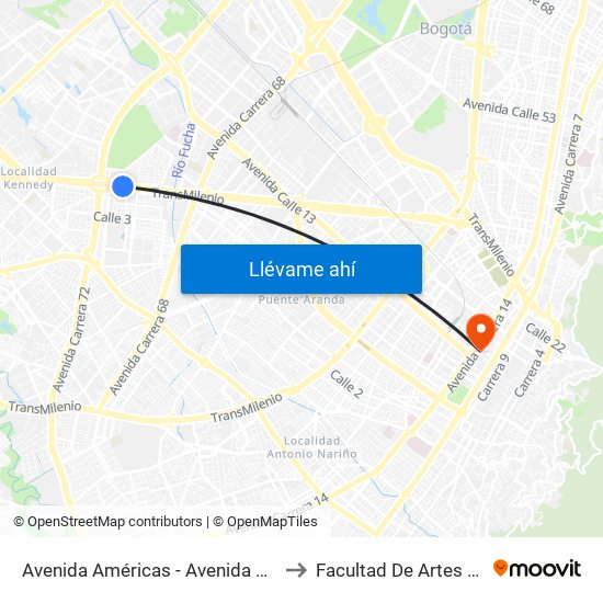 Avenida Américas - Avenida Boyacá to Facultad De Artes Asab map