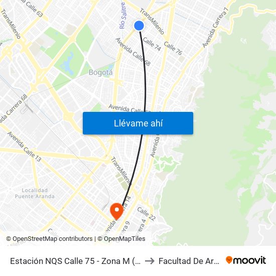 Estación NQS Calle 75 - Zona M (Av. NQS - Cl 75) to Facultad De Artes Asab map
