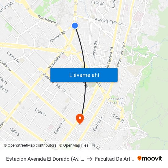 Estación Avenida El Dorado (Av. NQS - Cl 40a) to Facultad De Artes Asab map