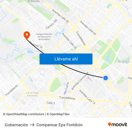 Gobernación to Compensar Eps Fontibón map