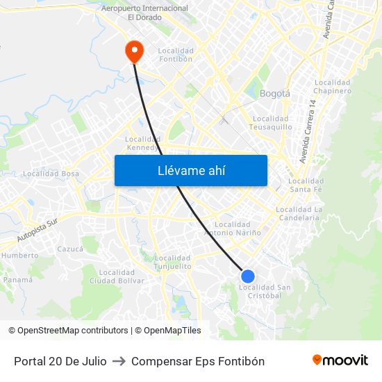 Portal 20 De Julio to Compensar Eps Fontibón map