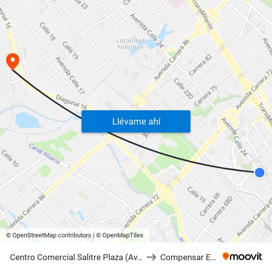 Centro Comercial Salitre Plaza (Av. La Esperanza - Kr 68b) to Compensar Eps Fontibón map